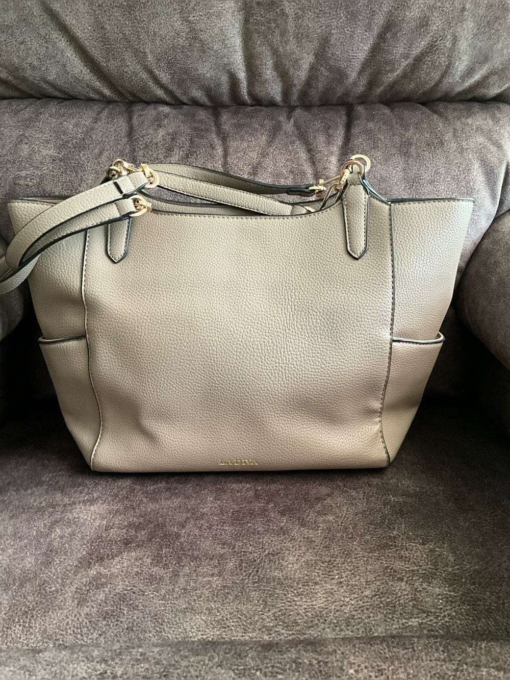 Pebbled Leather Tote in Taupe with Gold Accents